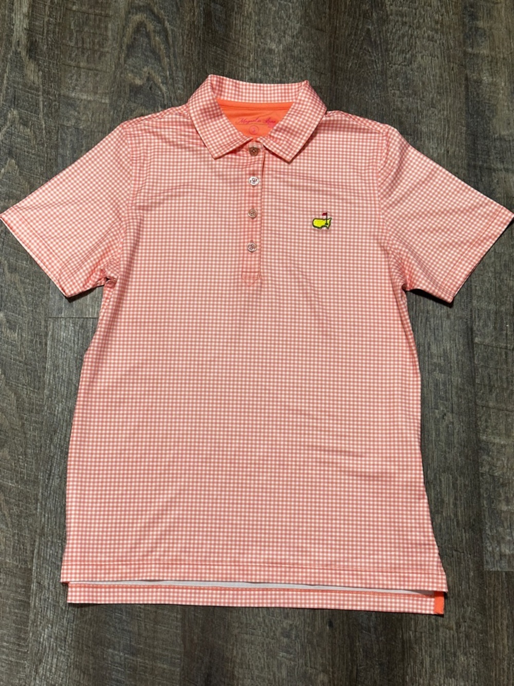 Magnolia Lane Women’s Coral Orange Gingham Check Masters Golf Polo Small UPF 50+